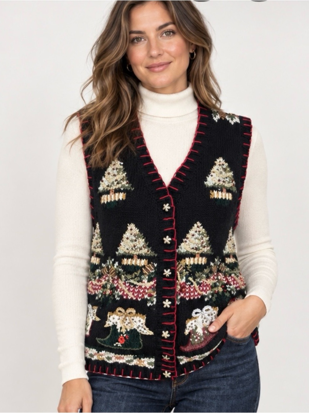 Women’s large black sweater vest Christmas trees Angels Y2K